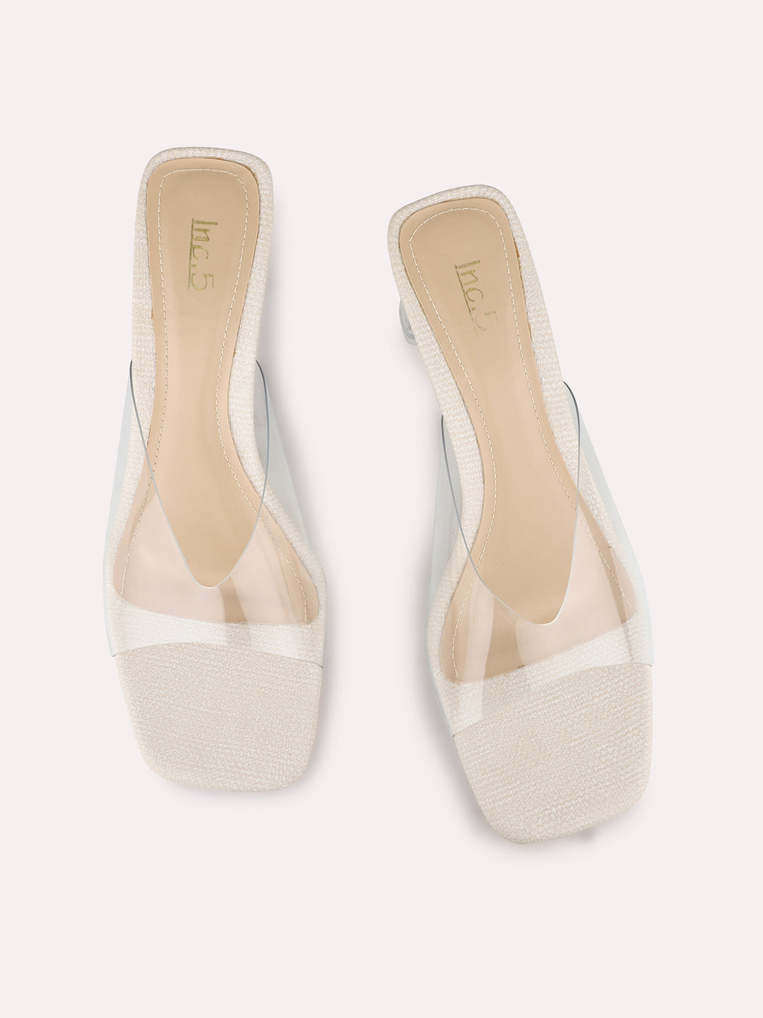 Women Cream Party Wear Transparent Round Toe Block Heel Sandals