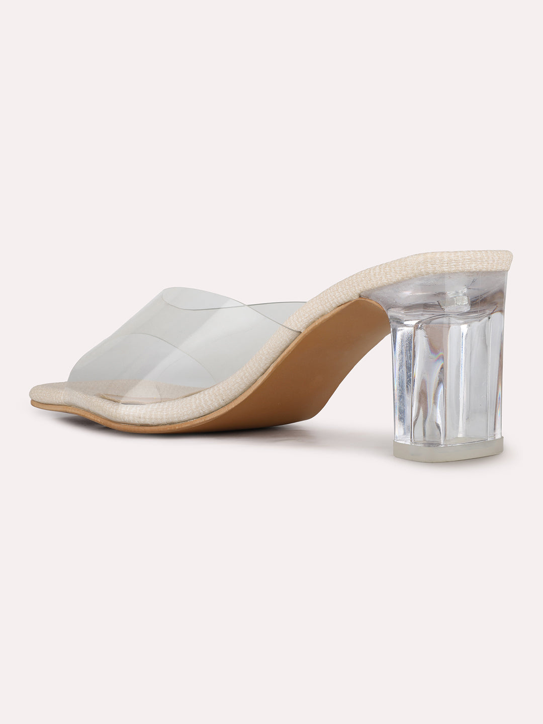 Women Cream Party Wear Transparent Round Toe Block Heels
