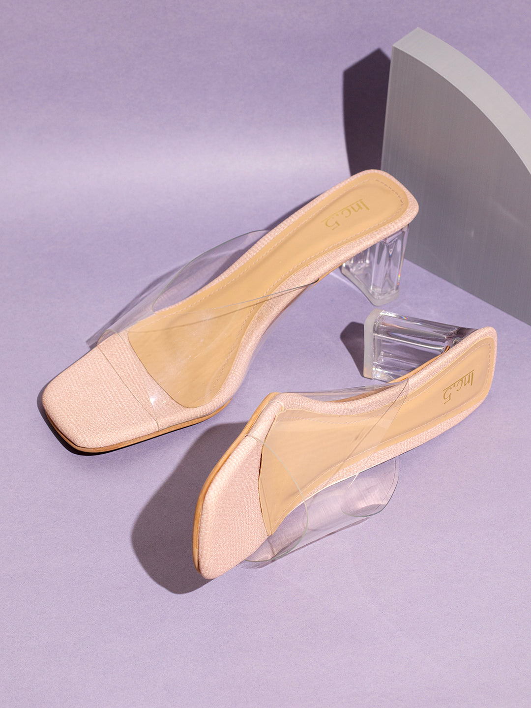 Womens Peach Party Wear Transparent Square Toe Block Heel Sandals