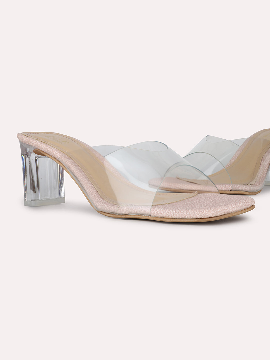 Womens Peach Party Wear Transparent Square Toe Block Heel Sandals