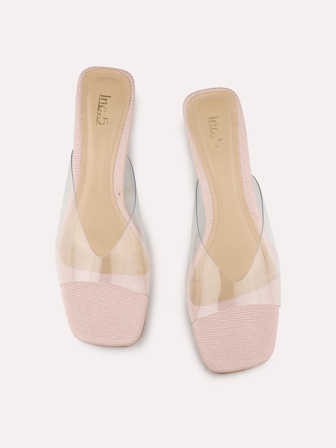 Womens Peach Party Wear Transparent Square Toe Block Heels