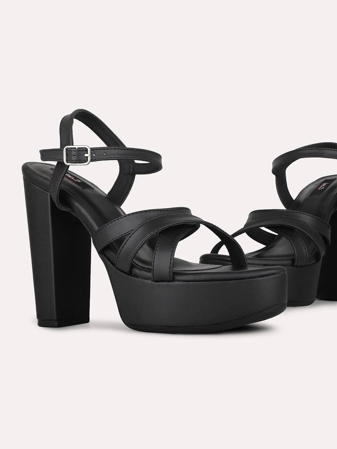 Womens Black Party Wear Solid Round Toe Heel Sandals