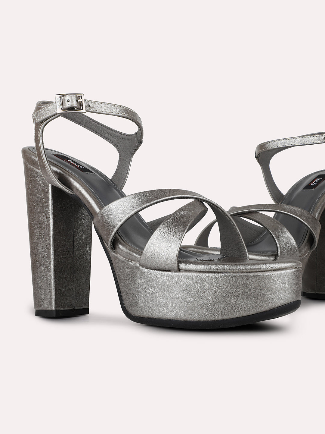 Women Pewter Party Wear Solid Round Toe Block Heel Sandals