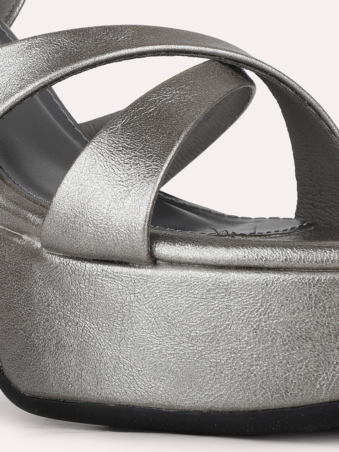 Women Pewter Party Wear Solid Round Toe Block Heel Sandals