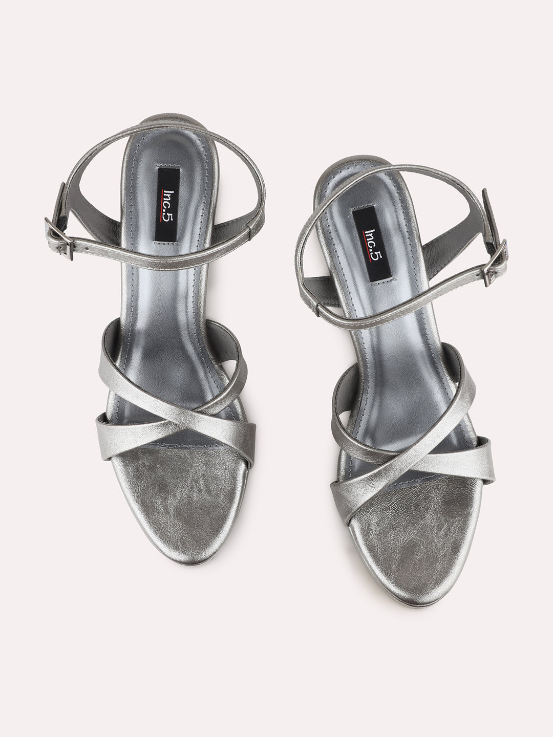 Women Pewter Party Wear Solid Round Toe Block Heel Sandals