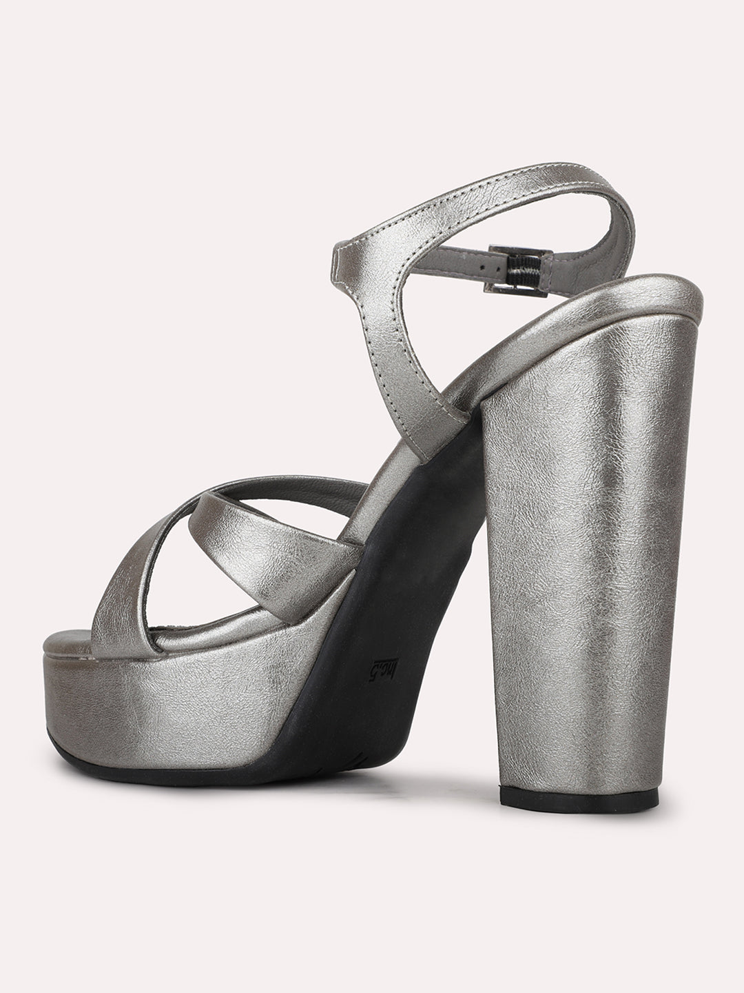 Women Pewter Party Wear Solid Round Toe Block Heel Sandals