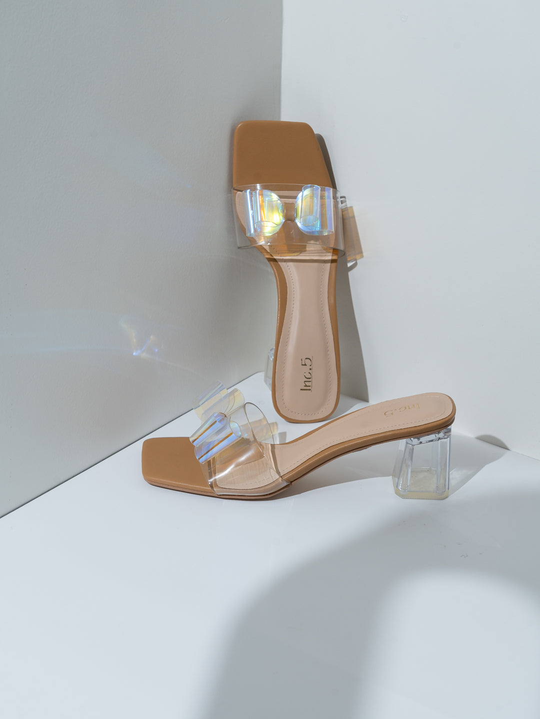 Womens Beige Party Wear Transparent Square Toe Block Heel Sandals