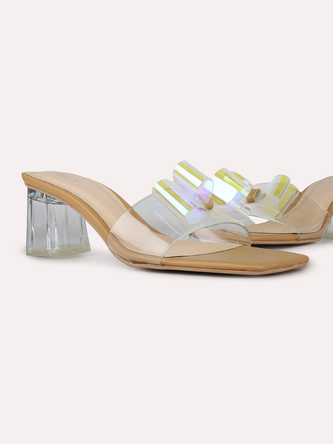Womens Beige Party Wear Transparent Square Toe Block Heel Sandals