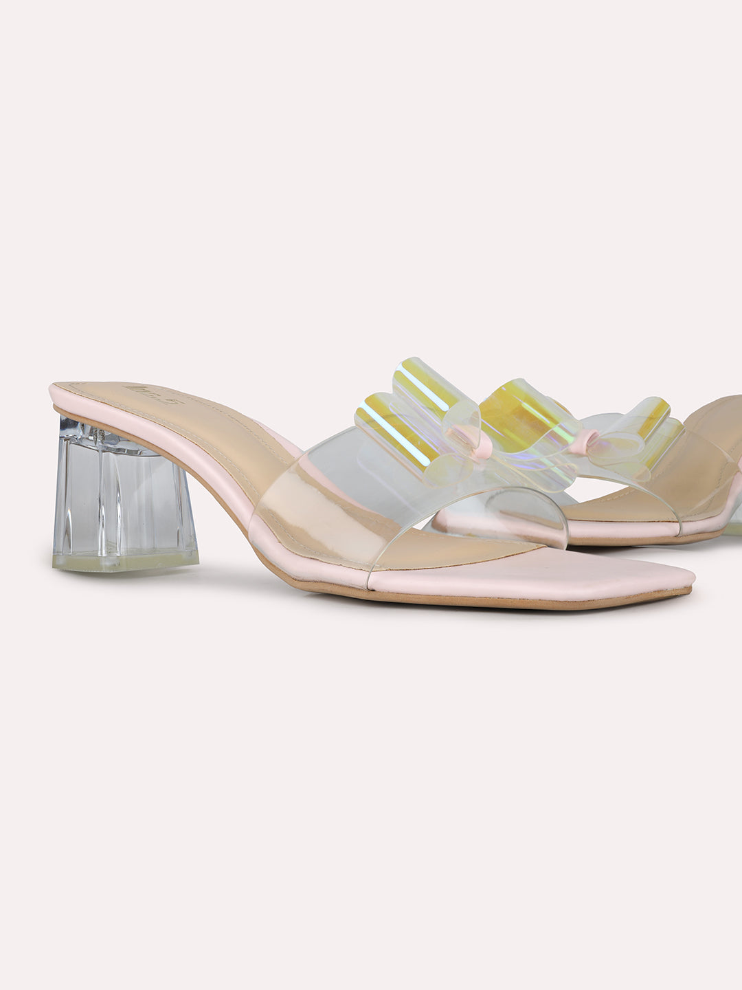 Women Peach Party Wear Transparent Square Toe Block Heel Sandals