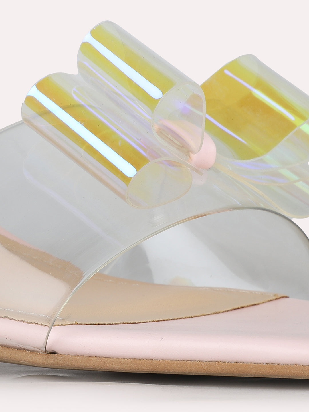 Women Peach Party Wear Transparent Square Toe Block Heel Sandals