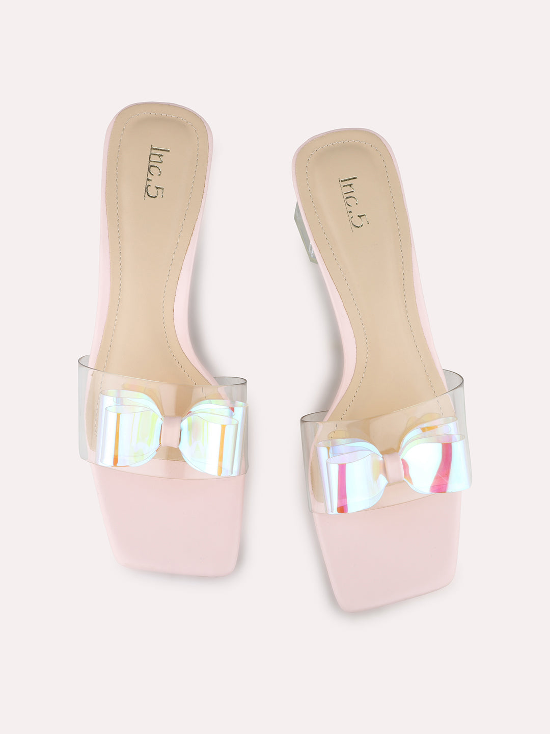 Women Peach Party Wear Transparent Square Toe Block Heel Sandals