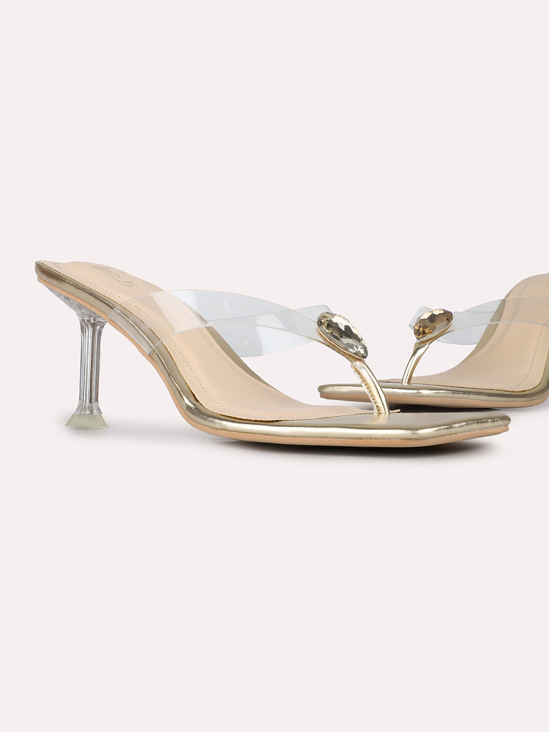 Women Golden Party Wear Transparent Square Toe Block Heel Sandals