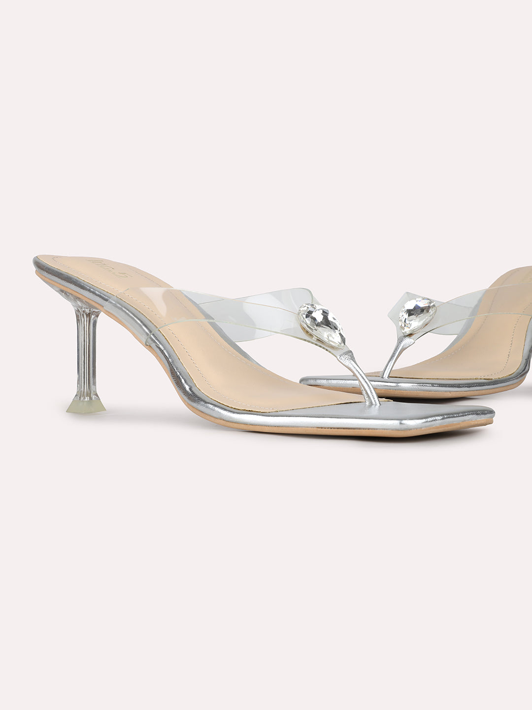 Women Silver Party Wear Transparent Square Toe Block Heel Sandals