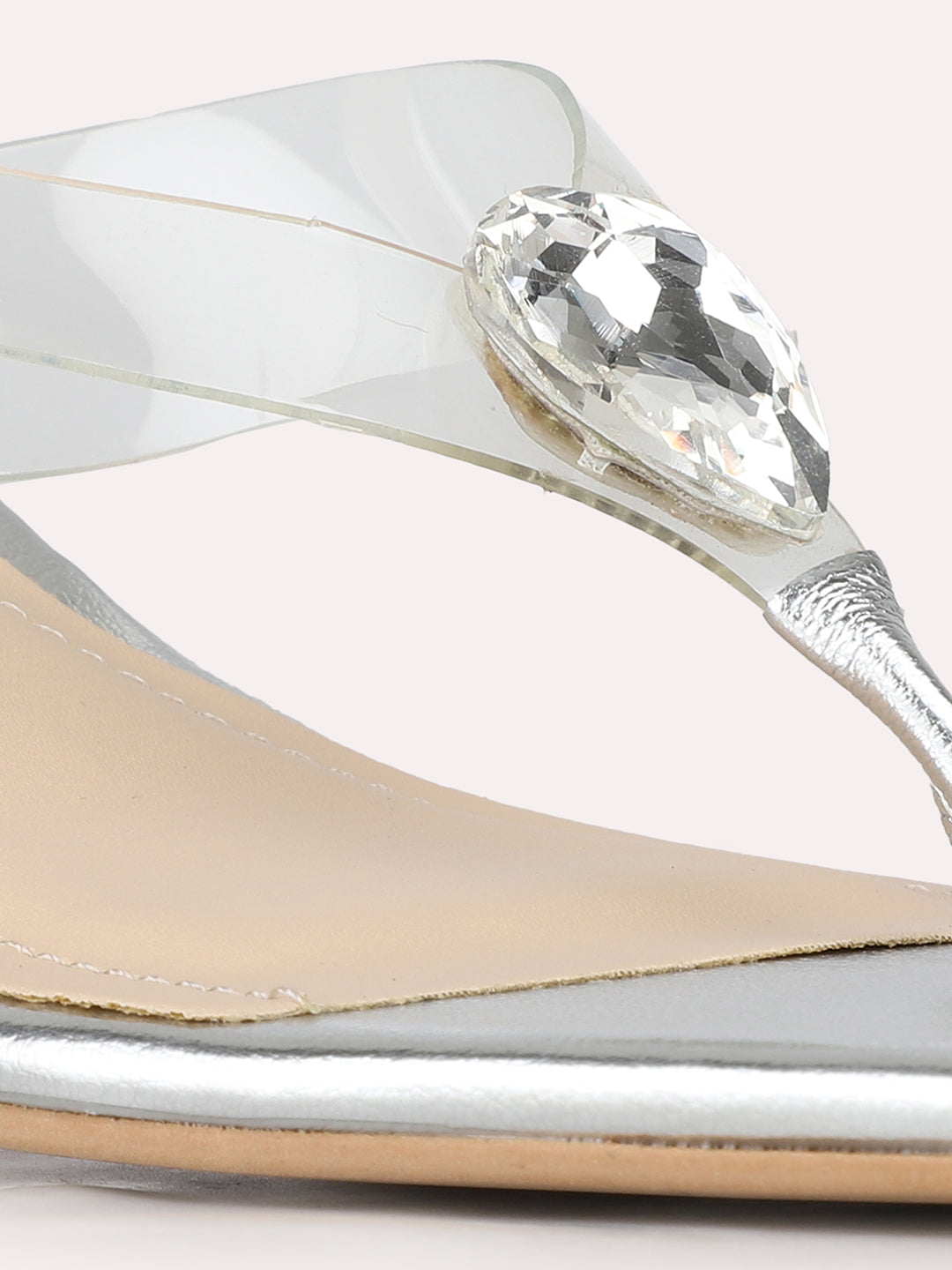 Women Silver Party Wear Transparent Square Toe Block Heel Sandals