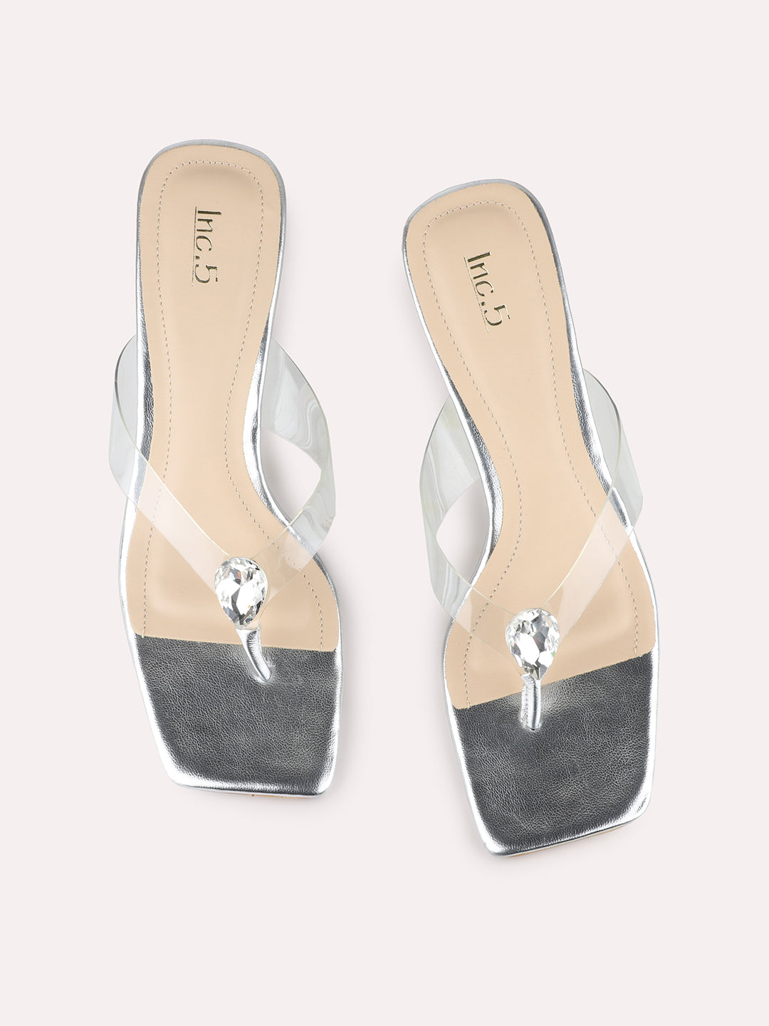 Women Silver Party Wear Transparent Square Toe Block Heel Sandals