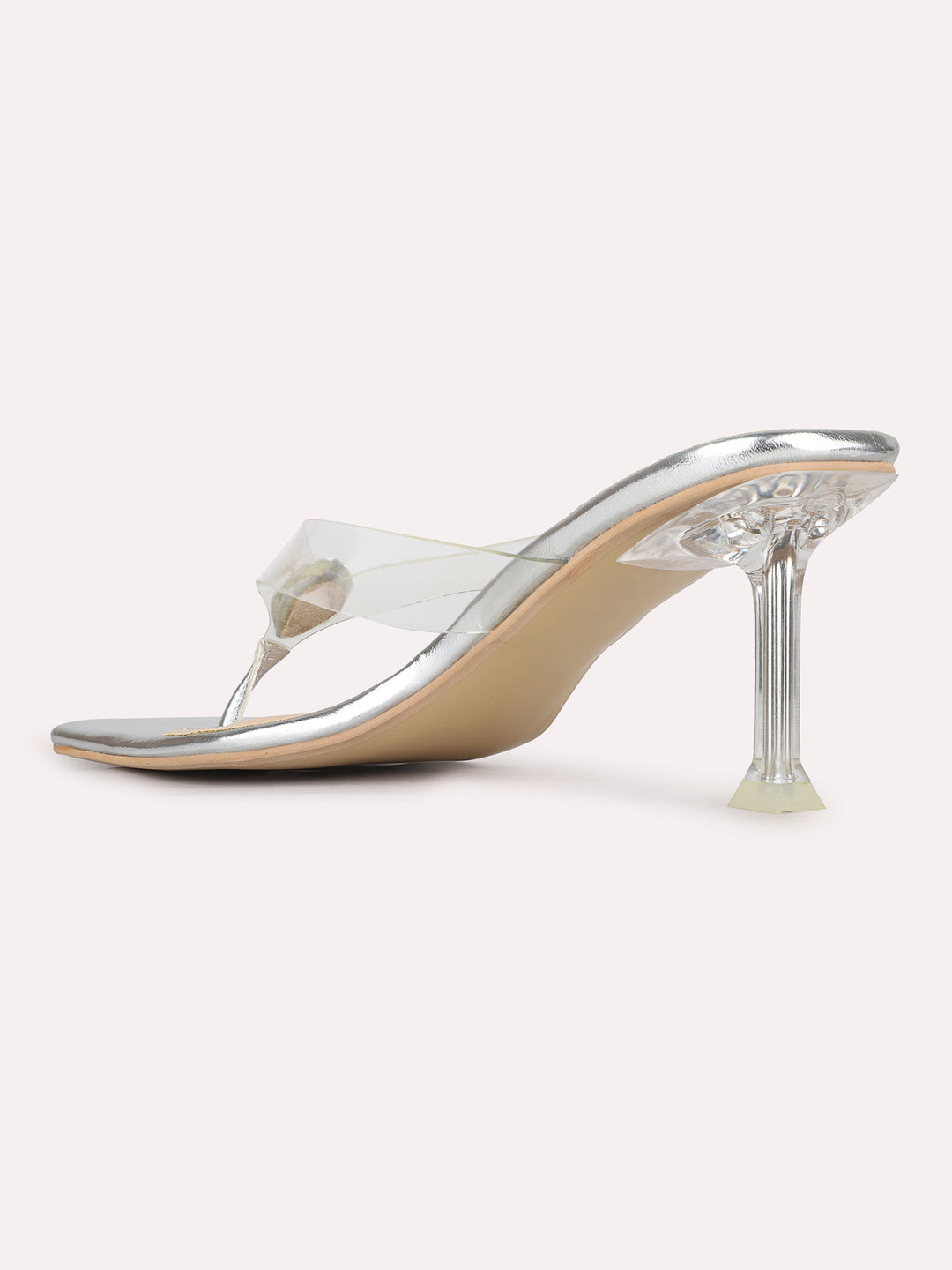 Women Silver Party Wear Transparent Square Toe Block Heel Sandals