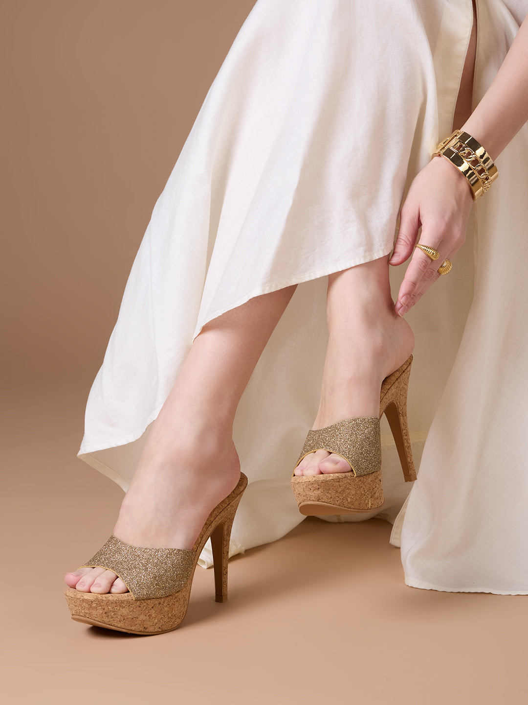 Women Golden Party Wear Embellished Round Toe Stiletto Heel Sandals