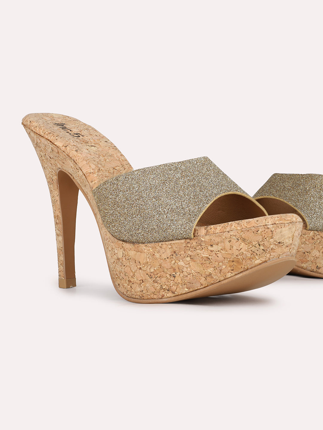 Women Golden Party Wear Embellished Round Toe Stiletto Heel Sandals