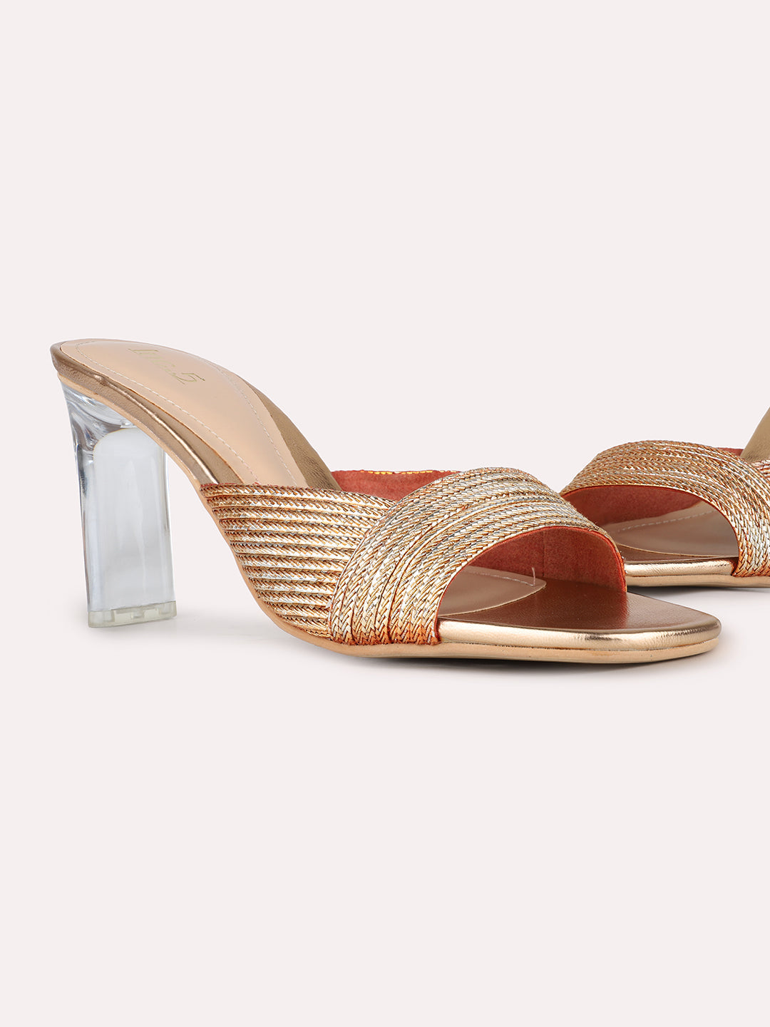 Women Rose Gold Party Wear Embellished Round Toe Block Heel Sandals