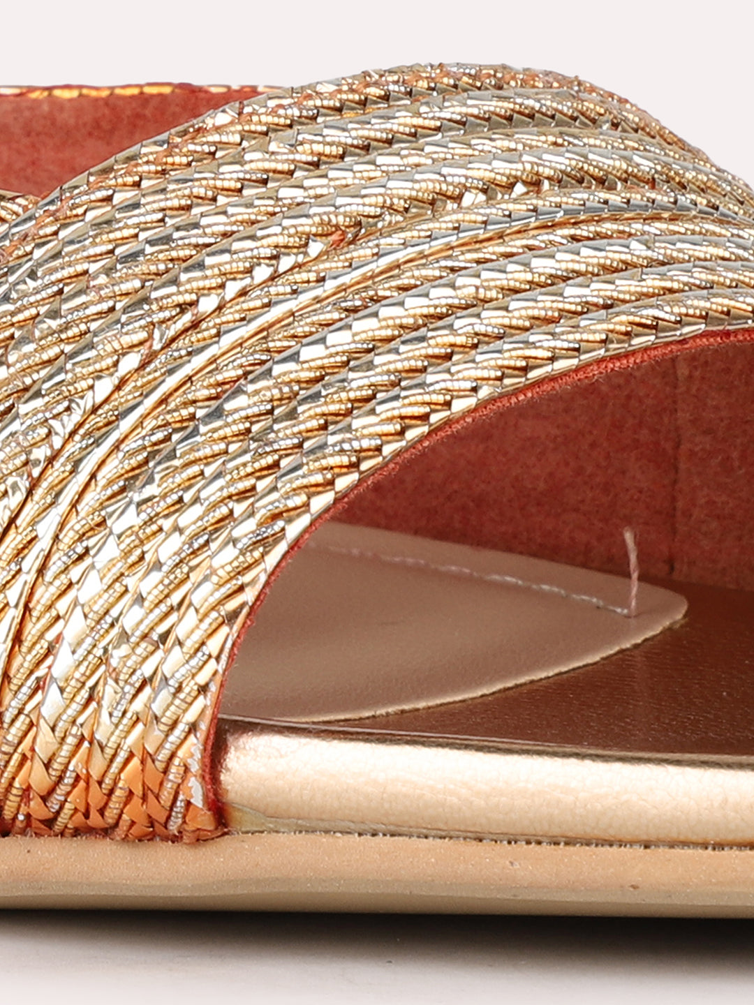 Women Rose Gold Party Wear Embellished Round Toe Block Heel Sandals