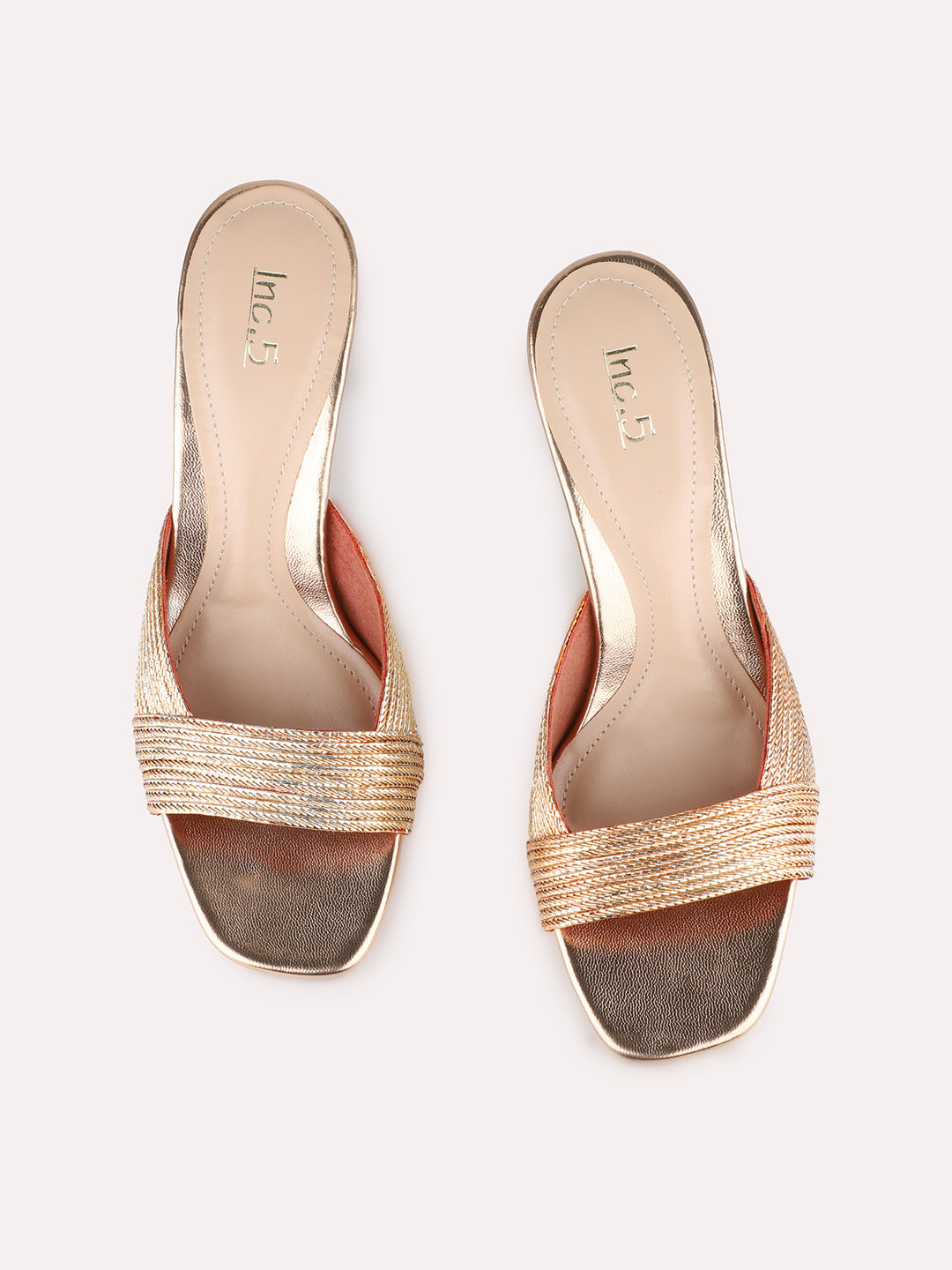 Women Rose Gold Party Wear Embellished Round Toe Block Heel Sandals