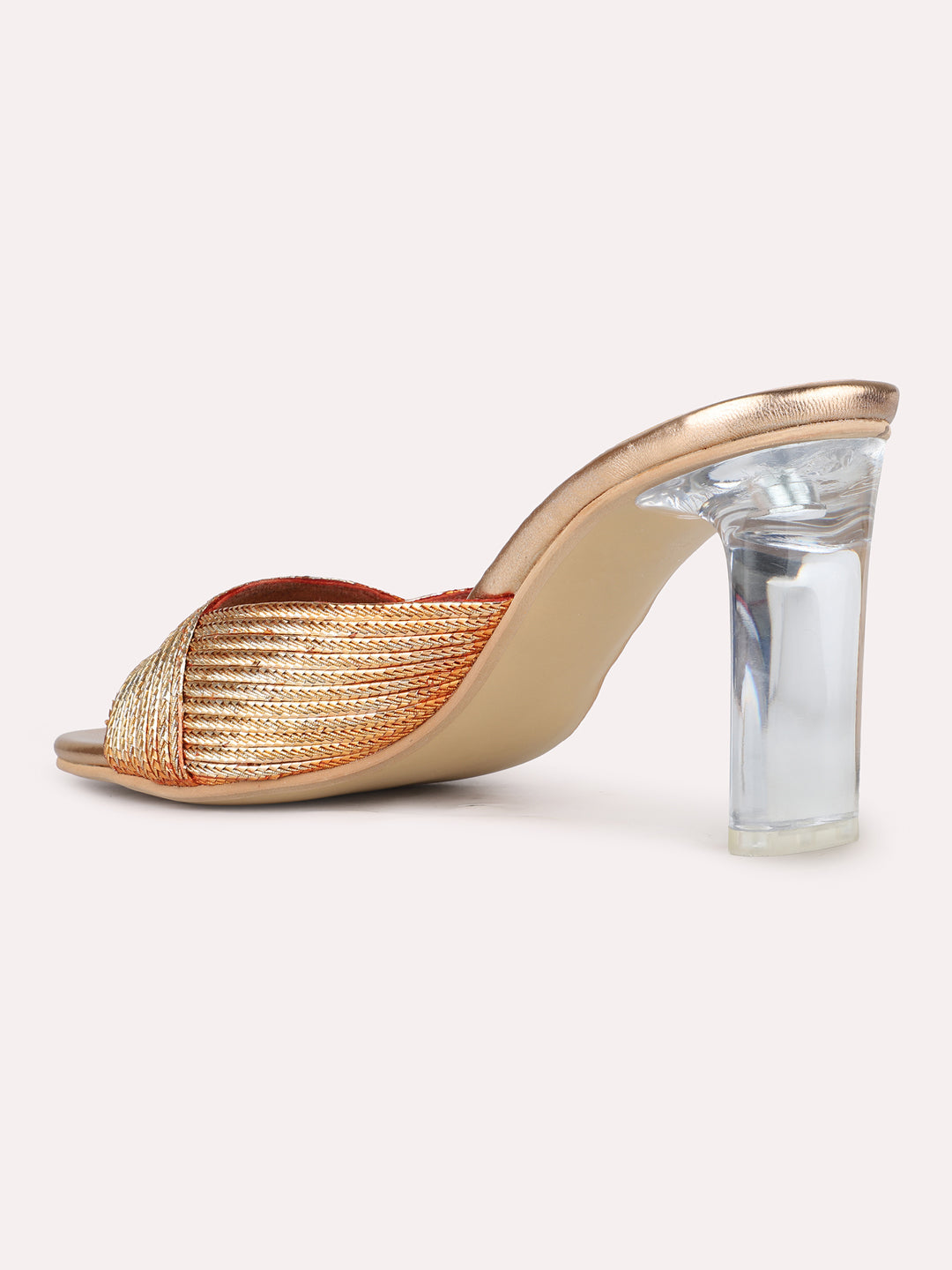 Women Rose Gold Party Wear Embellished Round Toe Block Heel Sandals