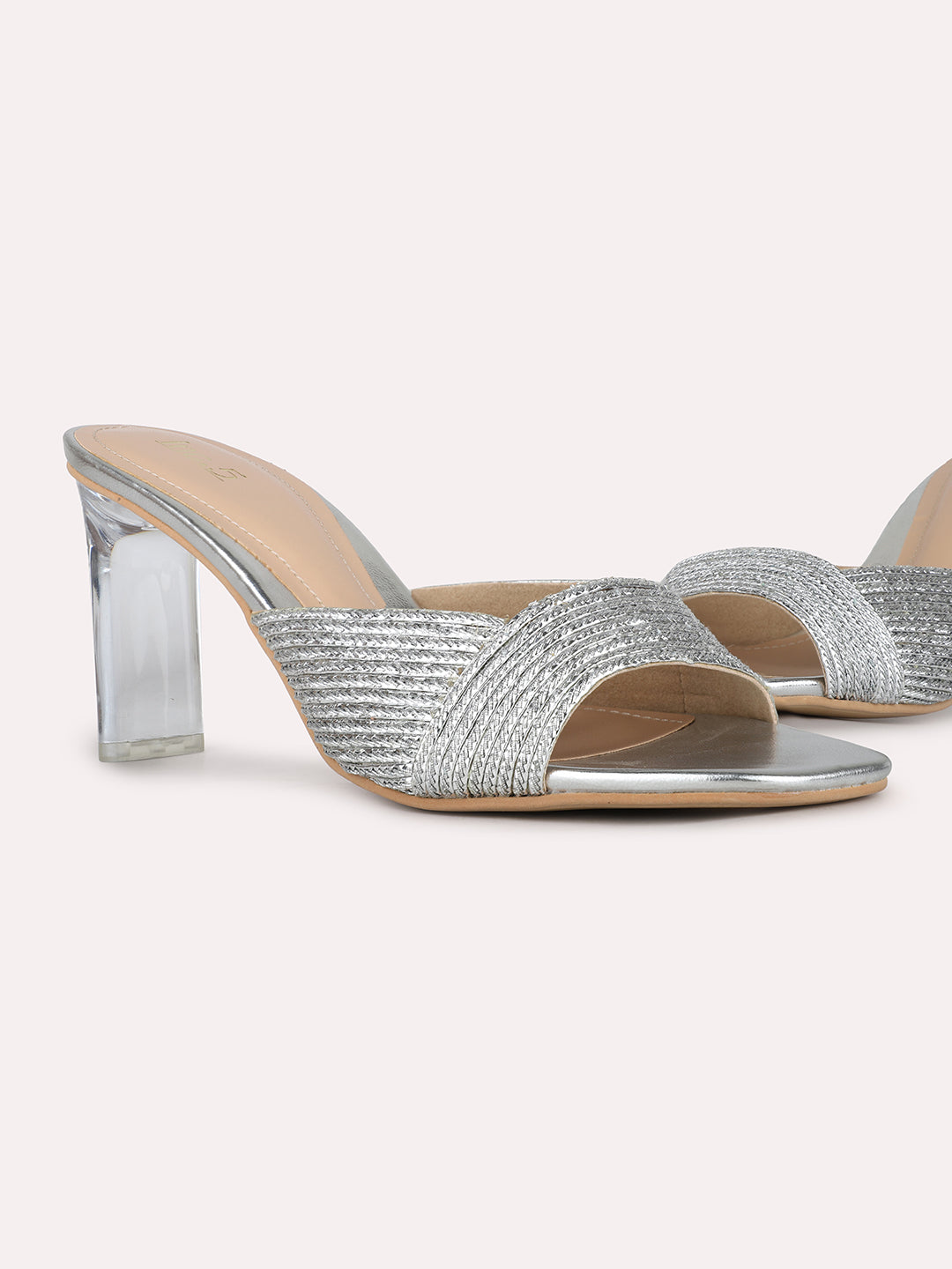 Women Silver Party Wear Embellished Round Toe Block Heel Sandals