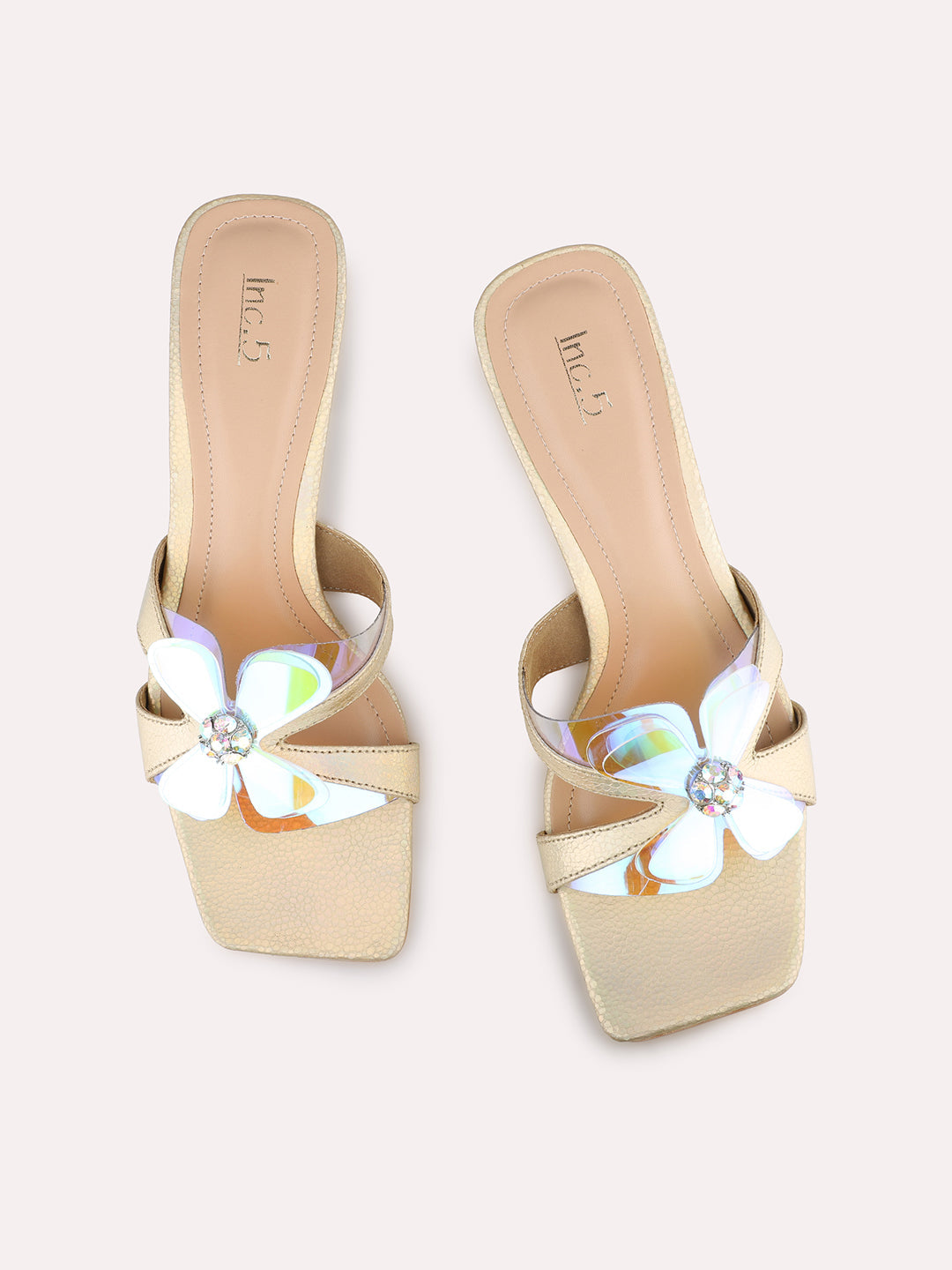 Women Golden Ethnic Solid Square Toe Block Heel Sandals