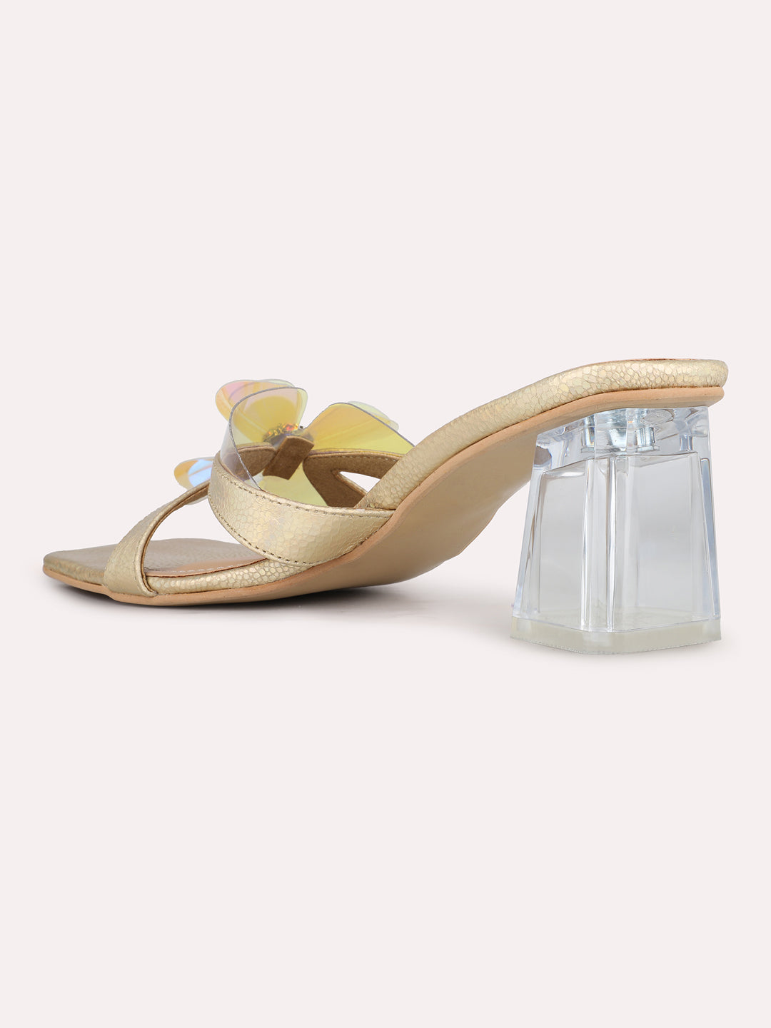 Women Golden Ethnic Solid Square Toe Block Heel Sandals