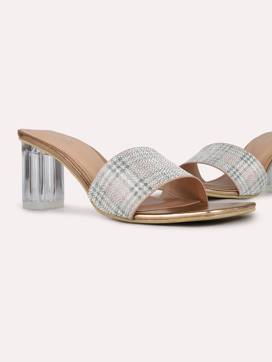 Women Rose Gold Party Wear Checkered Square Toe Block Heel Sandals