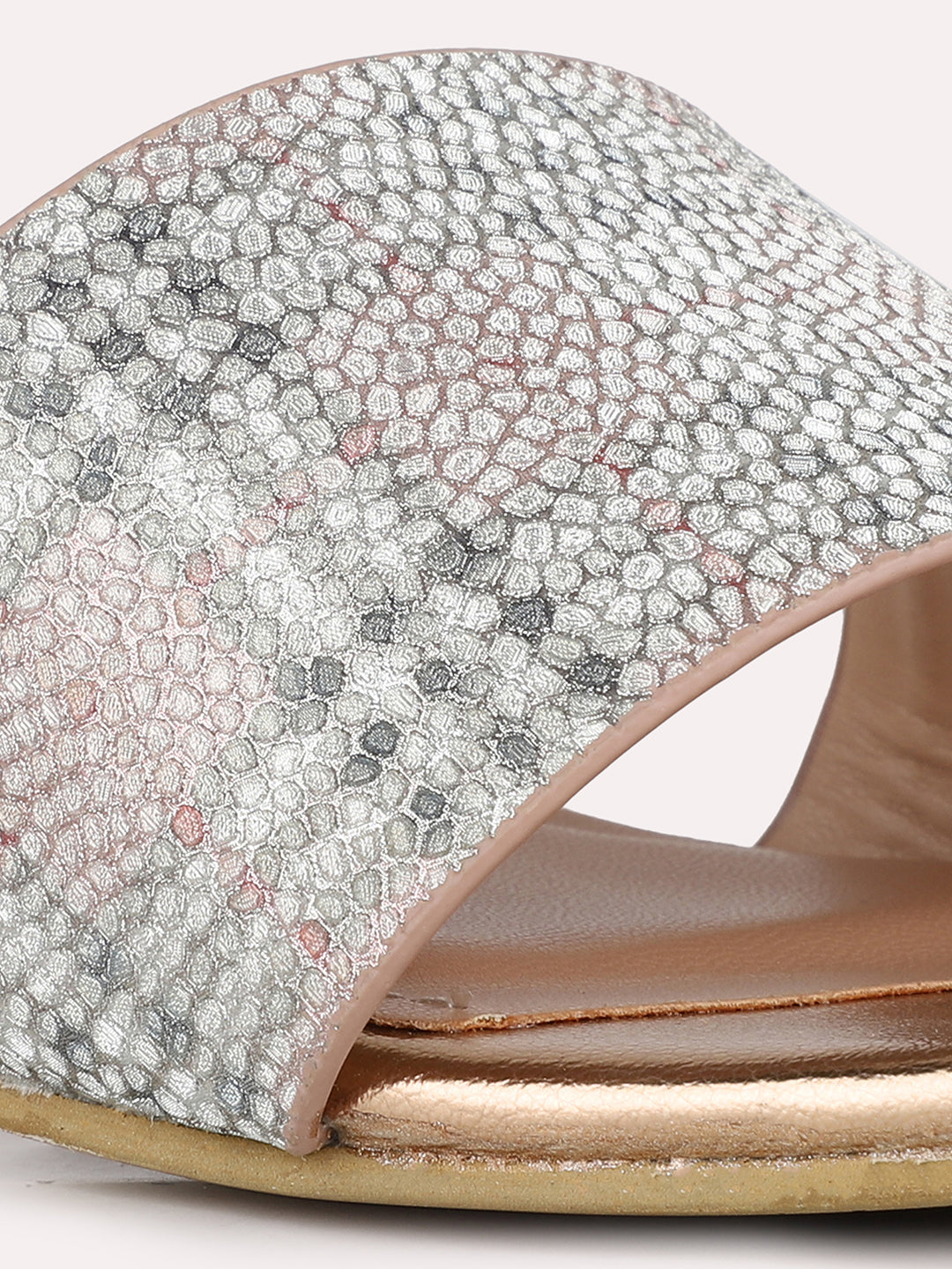 Women Rose Gold Party Wear Checkered Square Toe Block Heel Sandals