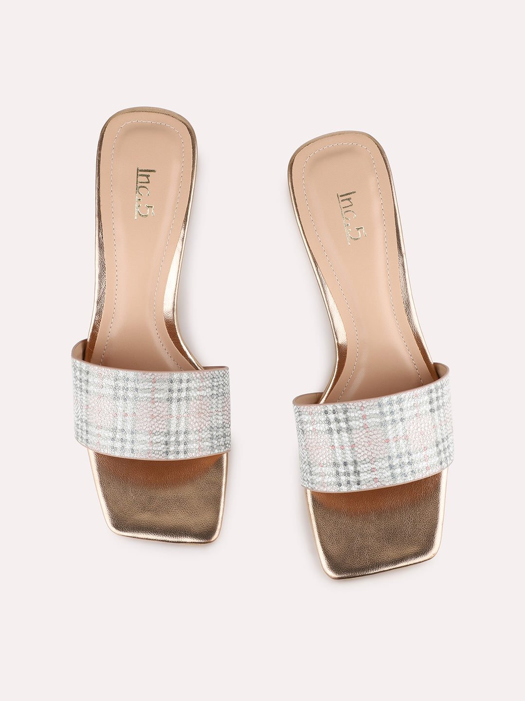 Women Rose Gold Party Wear Checkered Square Toe Block Heel Sandals