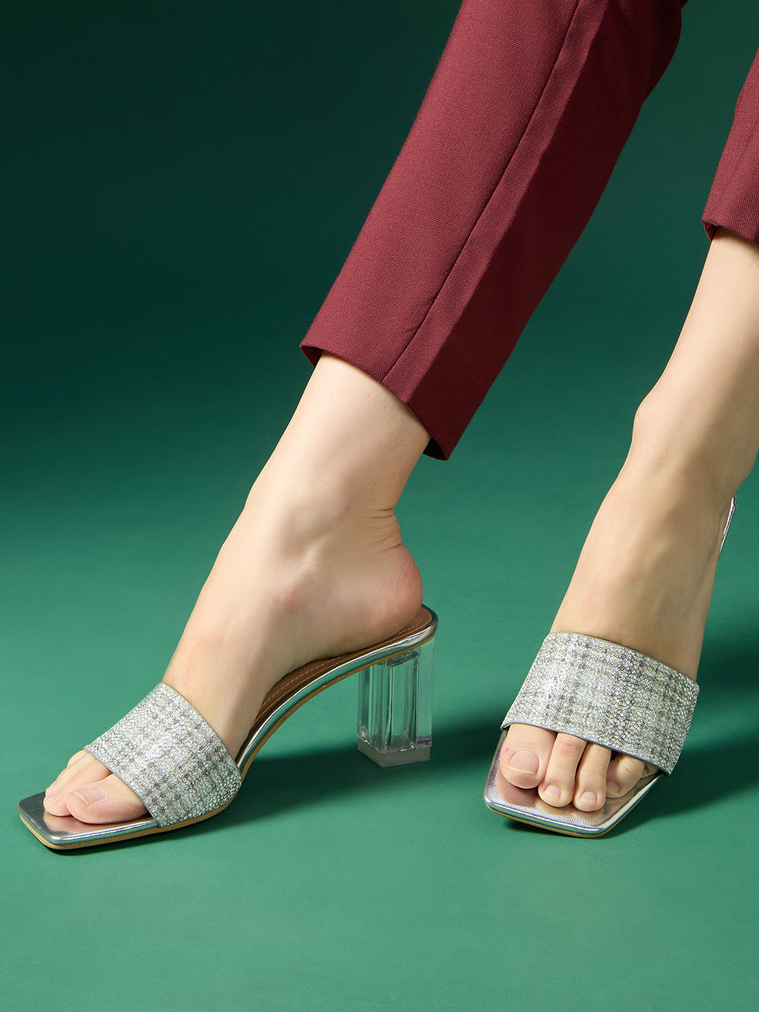 Women Silver Party Wear Checkered Square Toe Block Heel Sandals