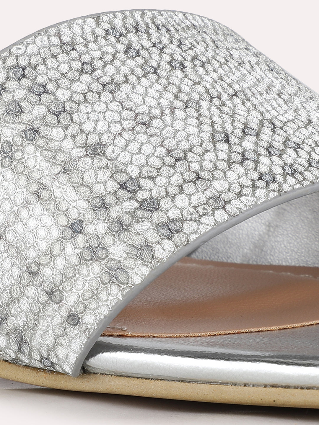 Women Silver Party Wear Checkered Square Toe Block Heel Sandals