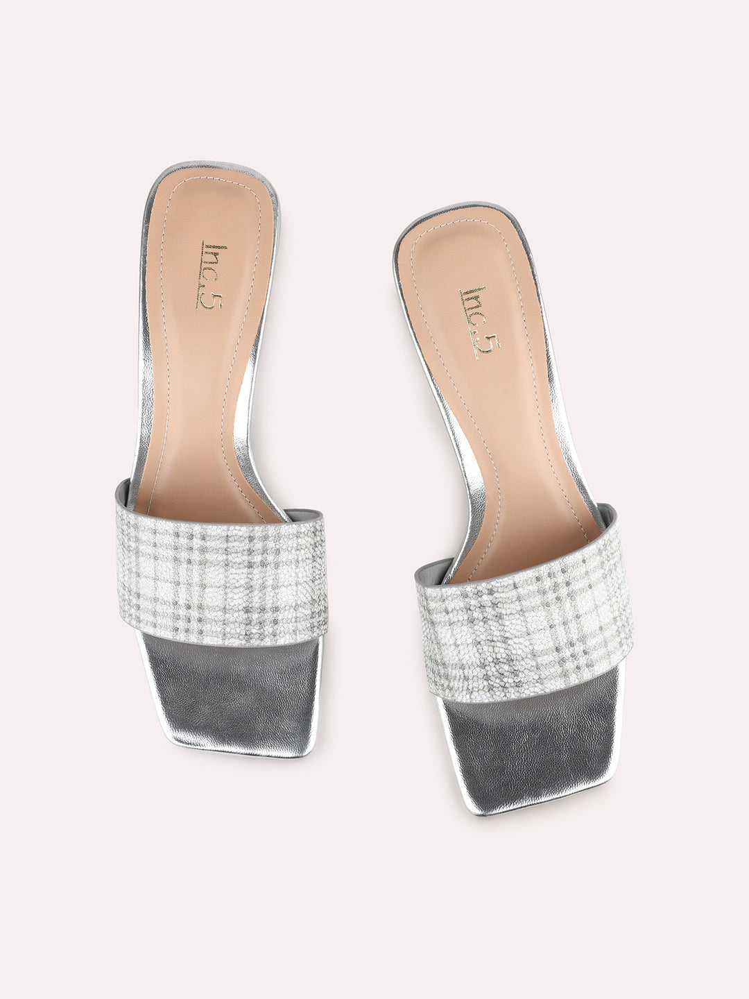 Women Silver Party Wear Checkered Square Toe Block Heel Sandals