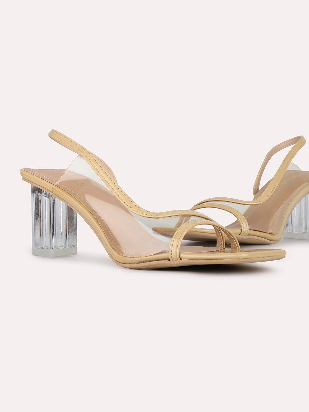 Women Beige Party Wear Transparent Square Toe Block Heel Sandals