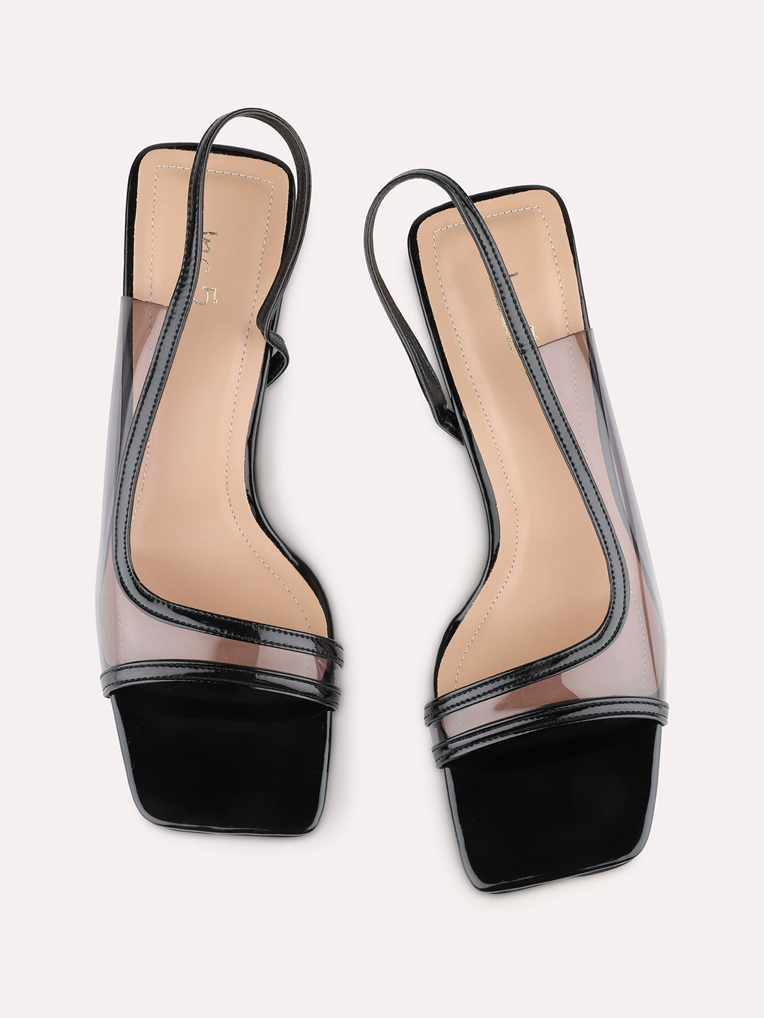 Women Black Party Wear Transparent Square Toe Block Heel Sandals