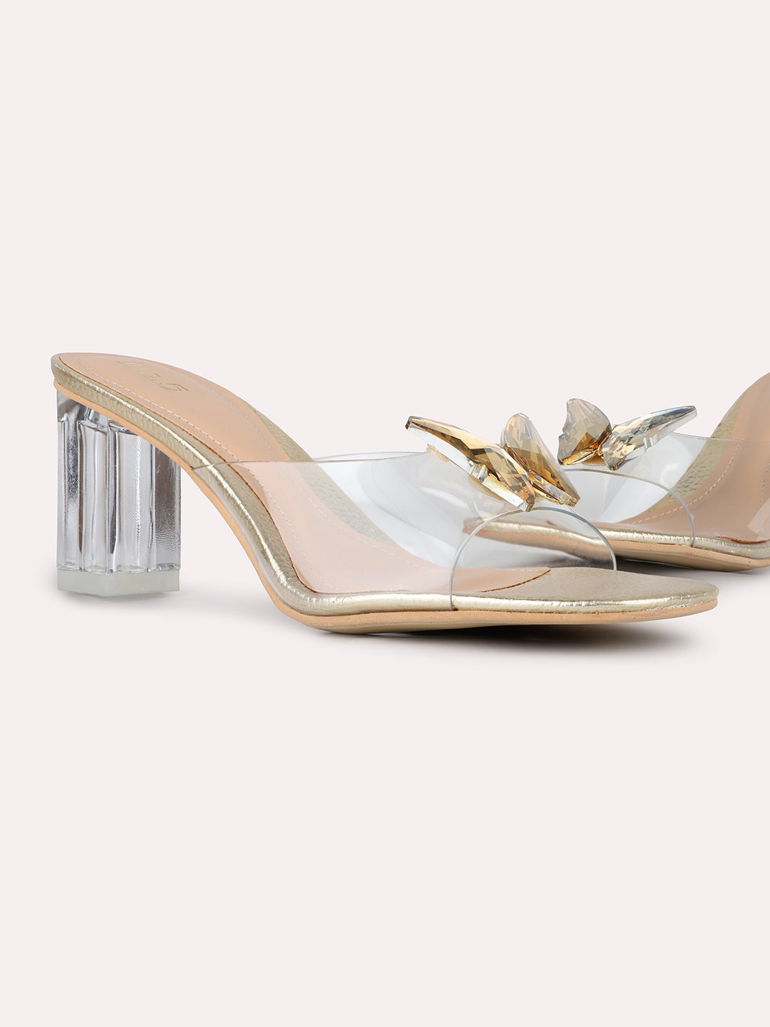 Women Golden Party Wear Transparent Square Toe Block Heel Sandals