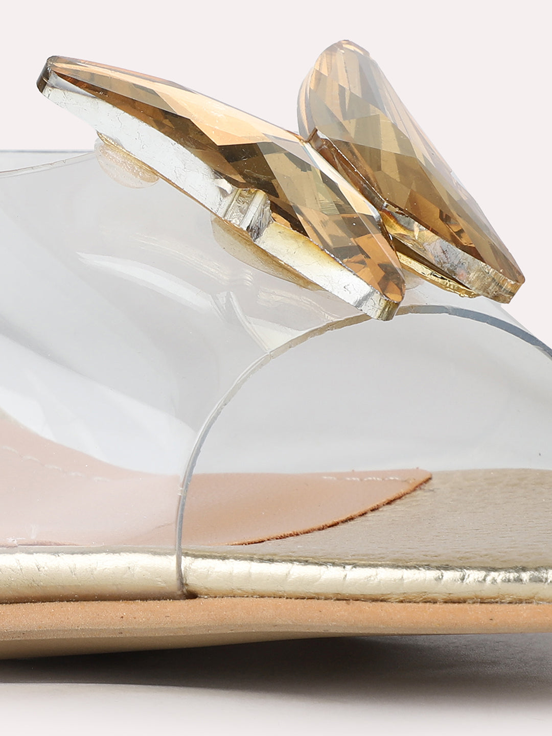 Women Golden Party Wear Transparent Square Toe Block Heel Sandals