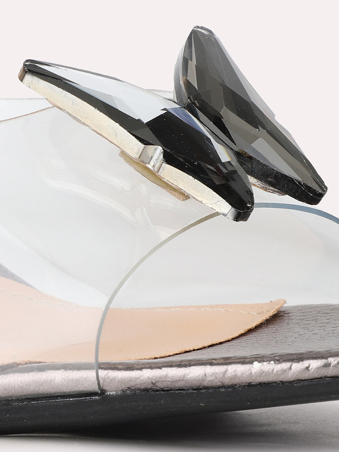 Women Pewter Party Wear Transparent Square Toe Block Heel Sandals