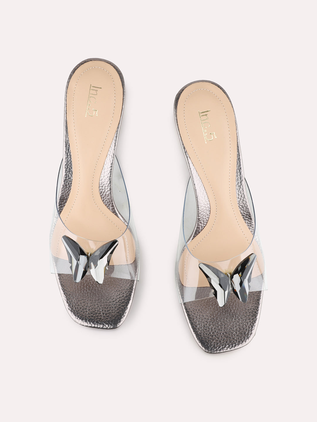 Women Pewter Party Wear Transparent Square Toe Block Heel Sandals