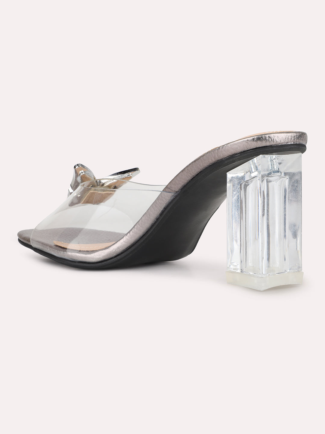 Women Pewter Party Wear Transparent Square Toe Block Heel Sandals