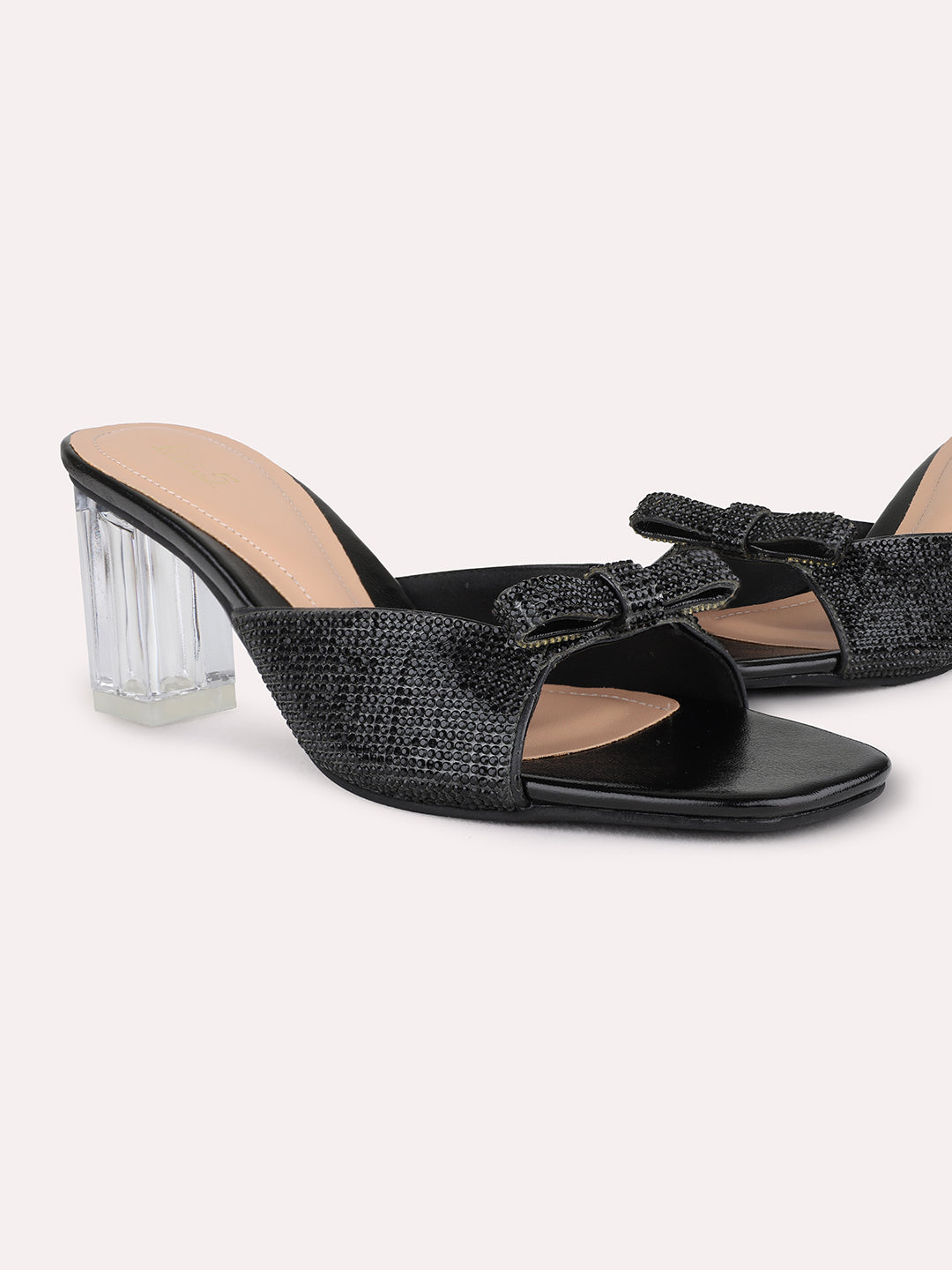 Womens Black Party Wear Solid Round Toe Block Heel Sandals