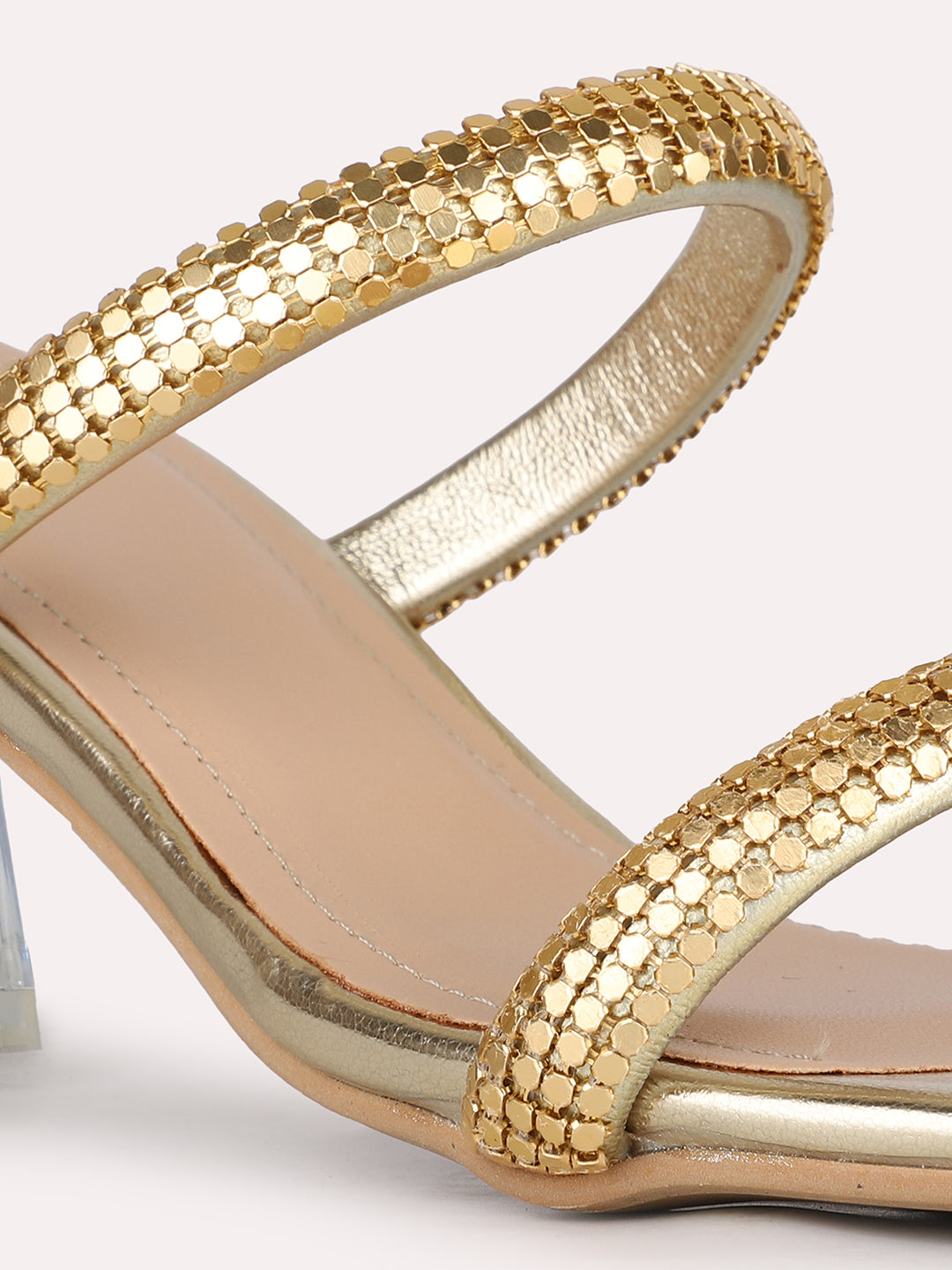 Womens Golden Party Wear Solid Square Toe Block Heel Sandals