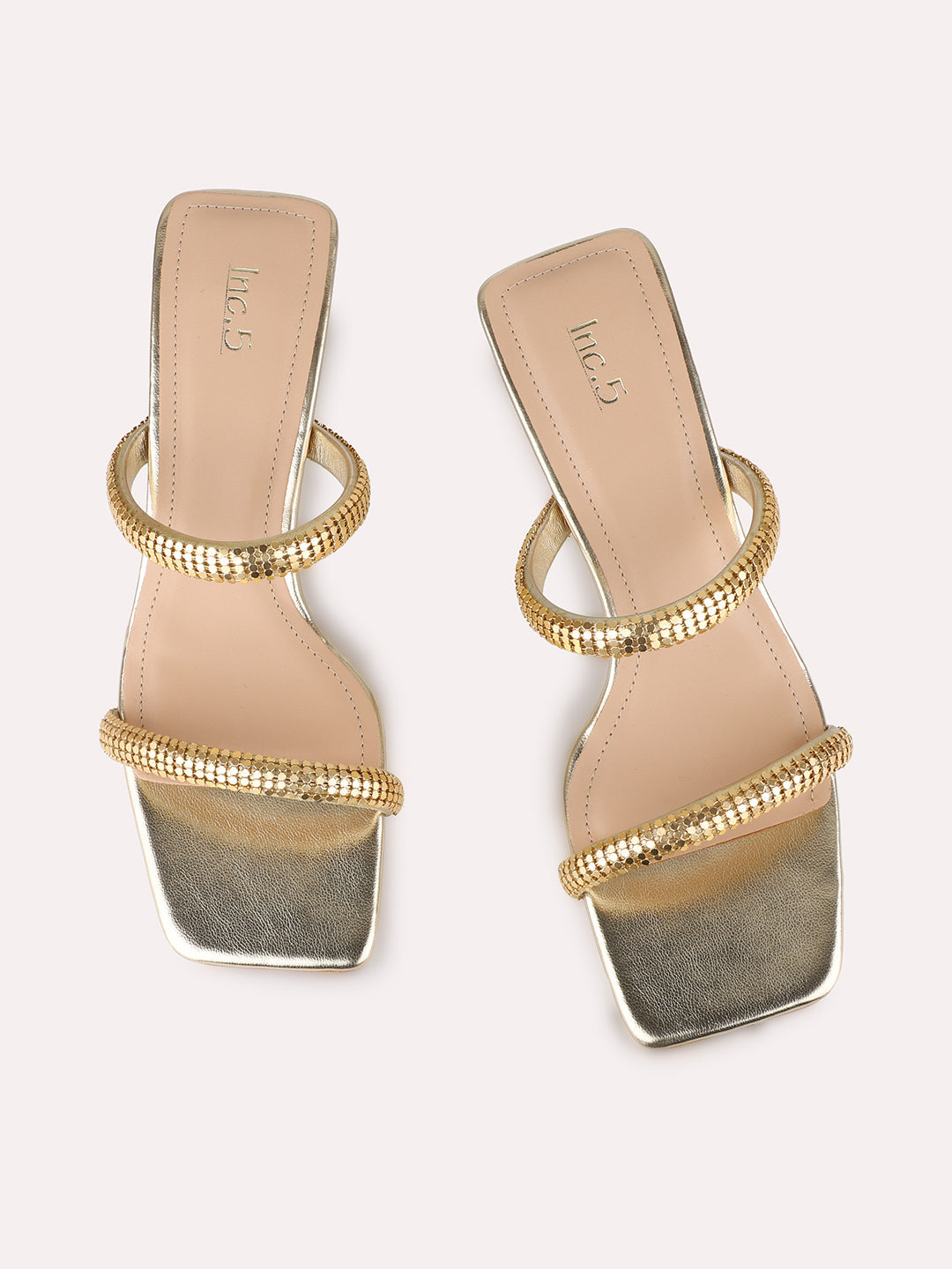 Womens Golden Party Wear Solid Square Toe Block Heel Sandals