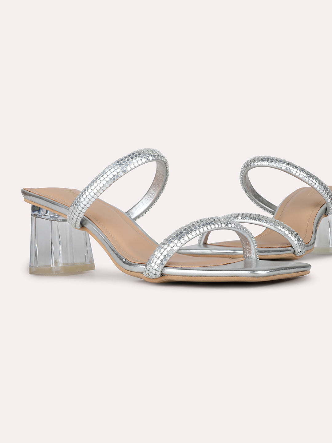 Womens Silver Party Wear Solid Square Toe Block Heel Sandals