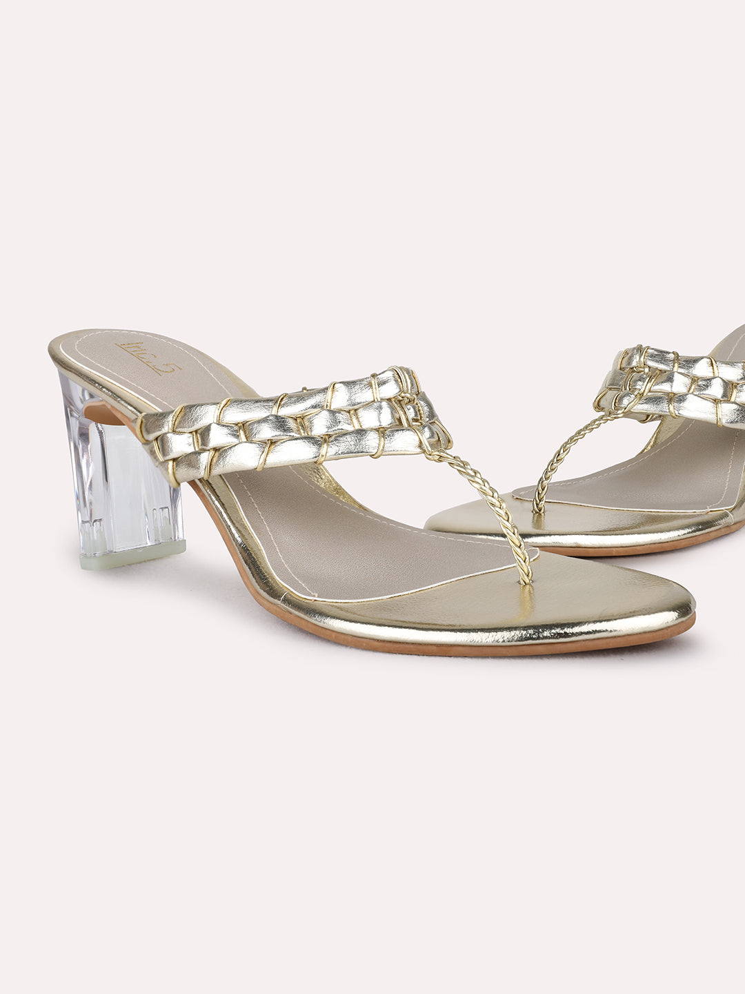 Womens Golden Party Wear Embellished Round Toe Block Heel Sandals