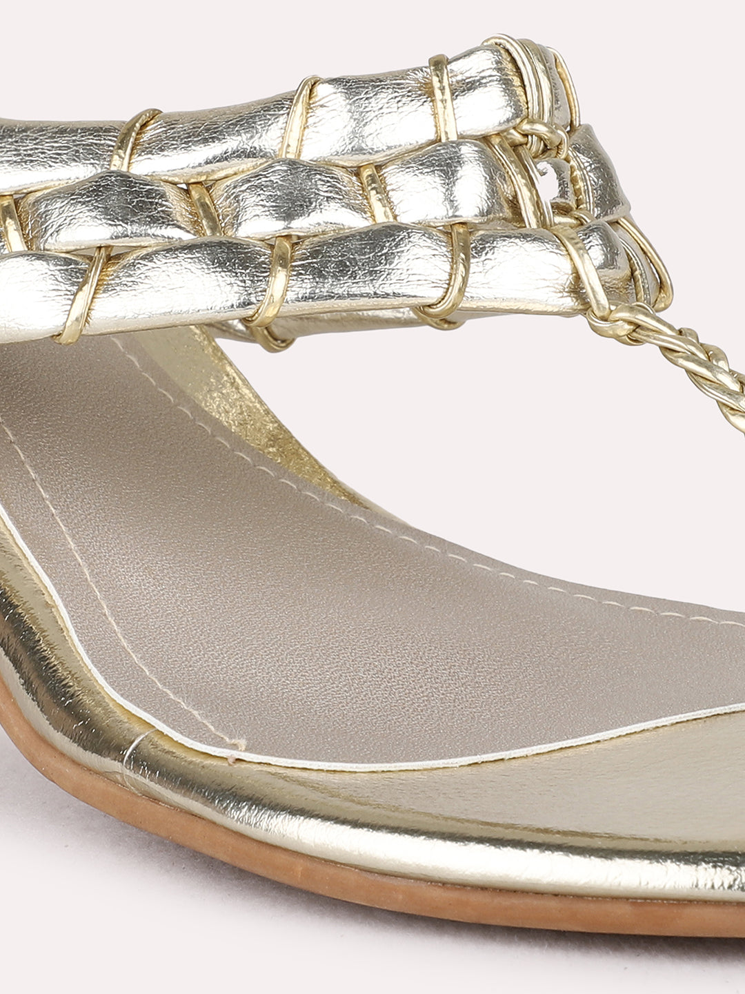 Womens Golden Party Wear Embellished Round Toe Block Heel Sandals