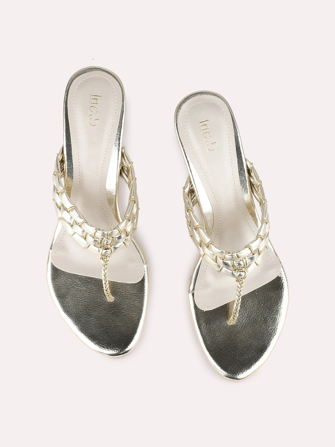 Womens Golden Party Wear Embellished Round Toe Block Heel Sandals