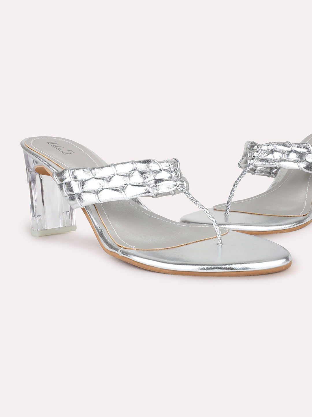 Womens Silver Party Wear Embellished Round Toe Block Heel Sandals